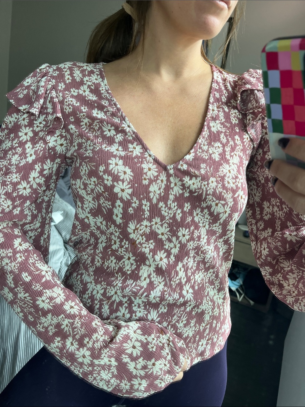 Mango Dusty Rose Floral V-Neck Ruffle-Sleeve Blouse